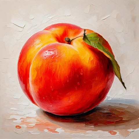 Reifer Pfirsich mit einer dezenten Vertiefung, die die Long-acting ART-Injektion (langwirksame HIV-Therapie) symbolisiert, auf einem weißen Hintergrund in einem hellen, künstlerischen Stil.